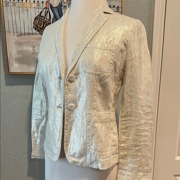 J Crew Sz 2 VTG Silver Metallic Blazer • 100% Linen - Picture 2 of 10